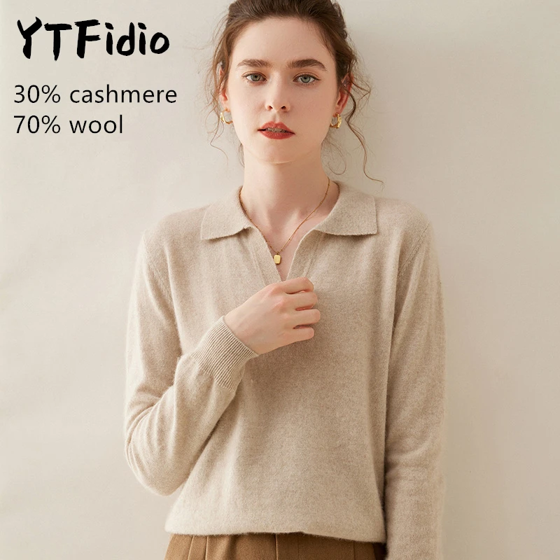 YTFidio Cashmere Merino Wool Sweater Women Long Sleeve POLO-neck Casual Jumpers Solid Knitwear Pullover Tops 103