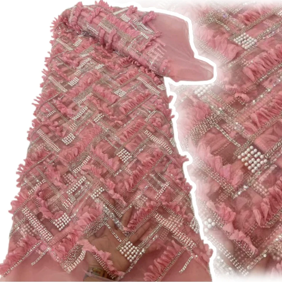 

Бордовое 3D кружево с африканскими бусинами, 5 ярдов, нигерийский тюль с пайетками, ткань для вечерних и свадебных платьев, для шитья, 2337