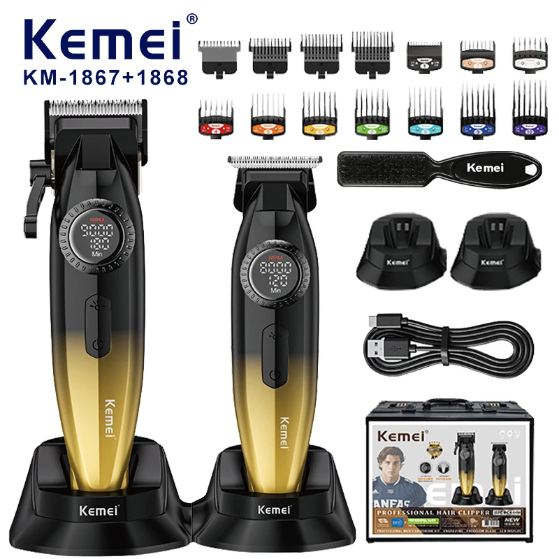 

Профессиональная машинка для стрижки волос Kemei KM-1867+KM-1868 для мужчин, с нулевым зазором, полностью металлическая, с ЖК-дисплеем, для финальной обработки, для барберов