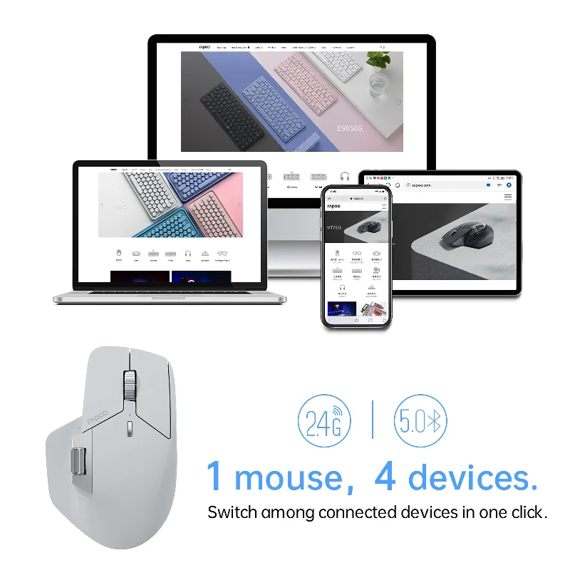 Rapoo MT760/MT760Mini Light Gray Multi-mode Rechargeable Wireless Mouse 4000 DPI Bluetooth Mouse Easy-Switch Up to 4 Devices