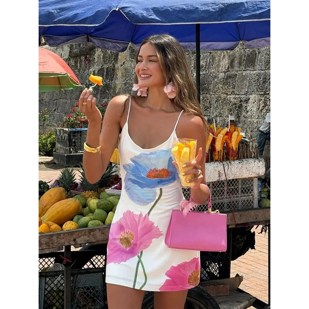 Women Elegant Print Flower Short Dress Fashion Sling Sleeve High Waist Bodycon A-line Skirt 2024 Summer Vacation Party Vestioes