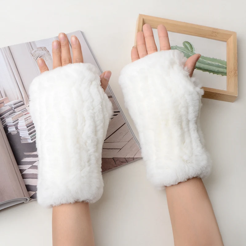 New Women 100% Real Genuine Knitted Rex Rabbit Fur Mittens Winter Warm Lady Real Fur Fingerless Gloves Handmade Knit Fur Mittens