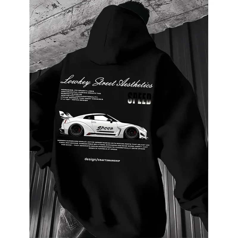 2026 New Arrival Sports Car Graphic Hoodie for Men White Street Racing Aesthetic Pullover with SPFRD Letter Print Streetwear