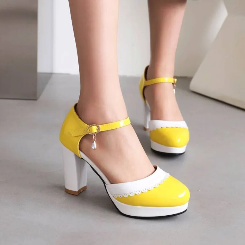 Pumps Spring and Autumn Fashion New Model High Heels Nude Shoes Color Blocking Round Head Asakuchi Buckle Women's Shoes High 9cm