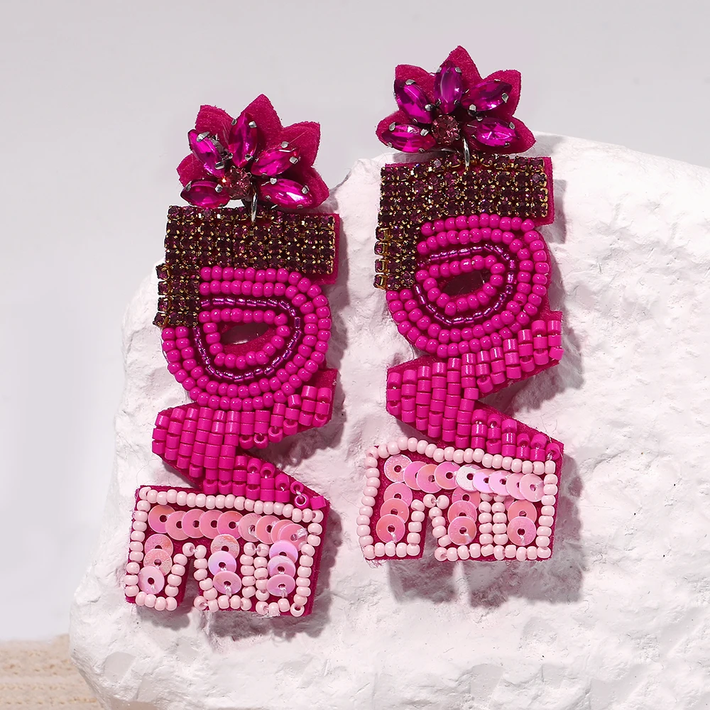 AENSOA Handmade Beaded LOVE Hanging Earrings for Women Rose Red Seed Bead Rhinestone Drop Earrings Valentines Jewelry Gifts