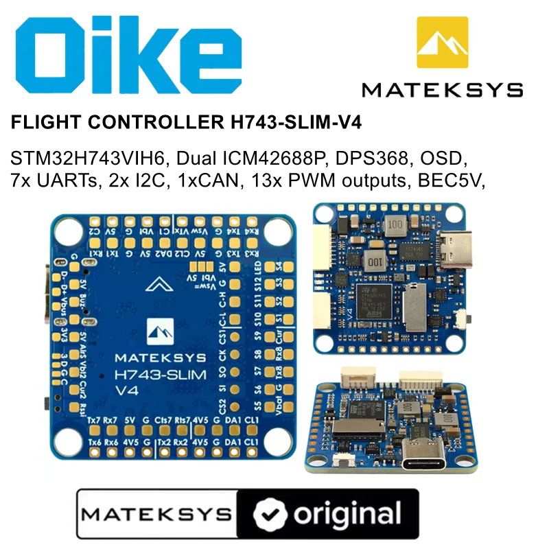 Oike Drone Flight Controller Matek Mateksys H743 Slim V4, MicroSD Dual Camera inputs 2MB Flash, Spare UART Fit for DJI FPV OSD
