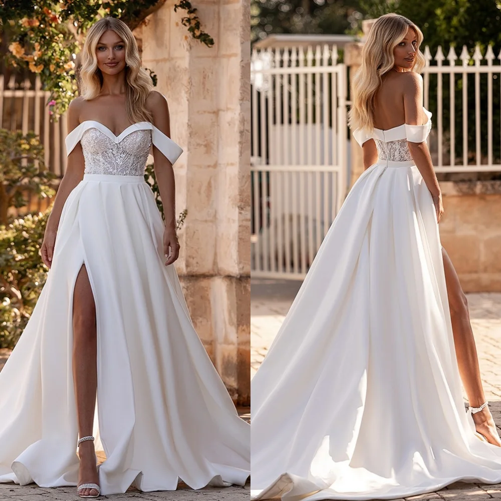 

Customized White Satin Bridal Gowns Simple Strapless Off the Shoulder Short Sleeves Wedding Dress Chapel Train Backless Dress