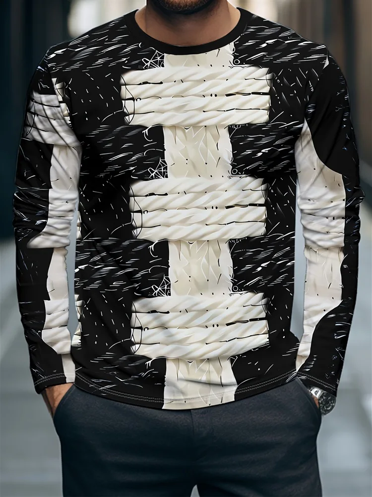 Men's Abstract Black White Long Sleeve T-Shirt Rope Knot Spider Web Graphic Tee Pullover Tops Gift New 2026 Streetwear Hot
