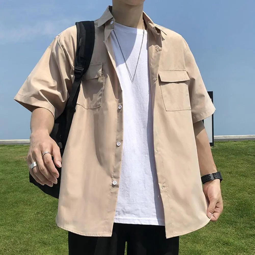 

Lapel Short Sleeve Shirt Men's Loose Fit Cargo Shirt Stylish Streetwear for Summer Spring for Office Commute Single-breasted