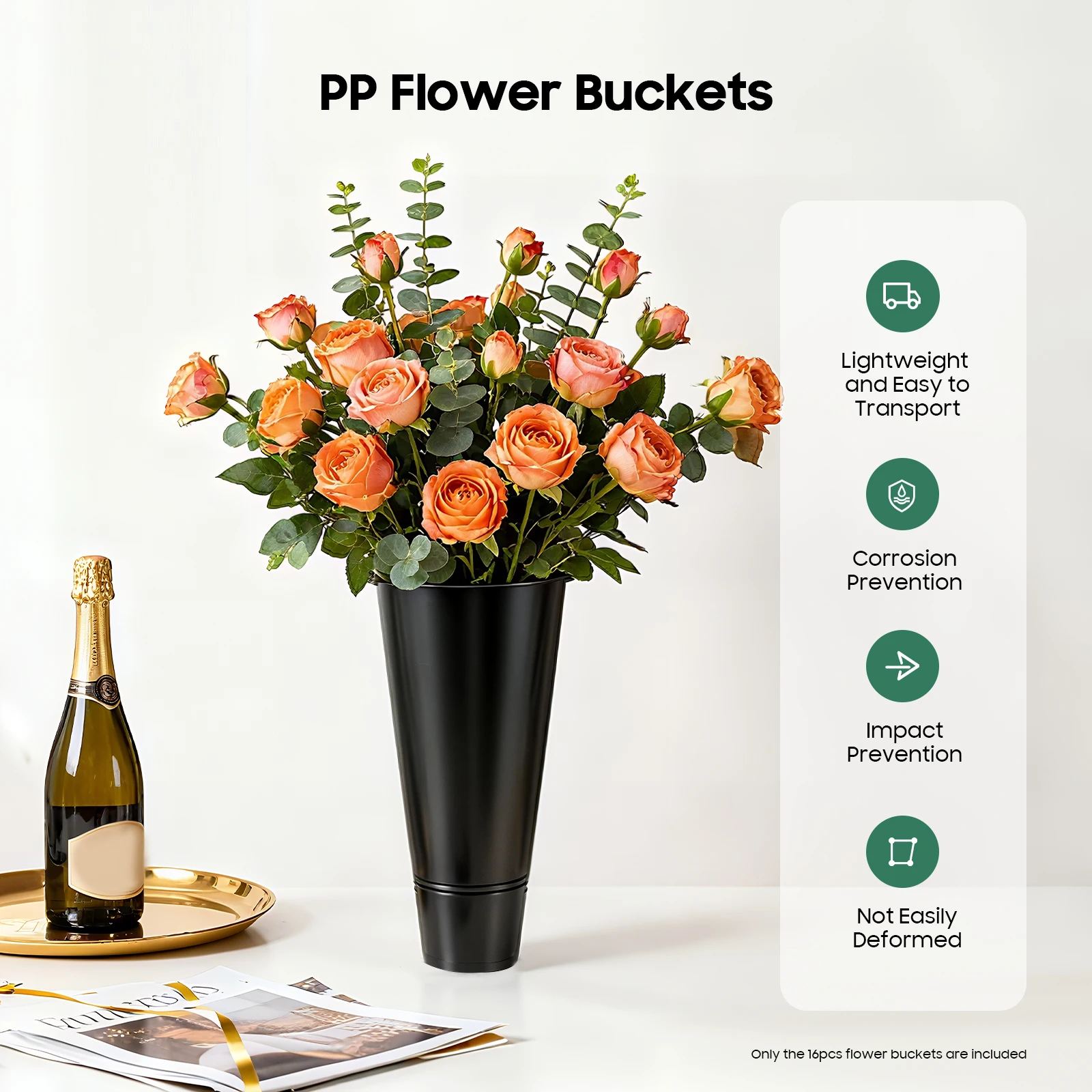 

16-Pack Black Flower Buckets, Modern Conical Plant Vases Sturdy PP for Wedding Florist, Home Garden Decor, 66lbs Capacity