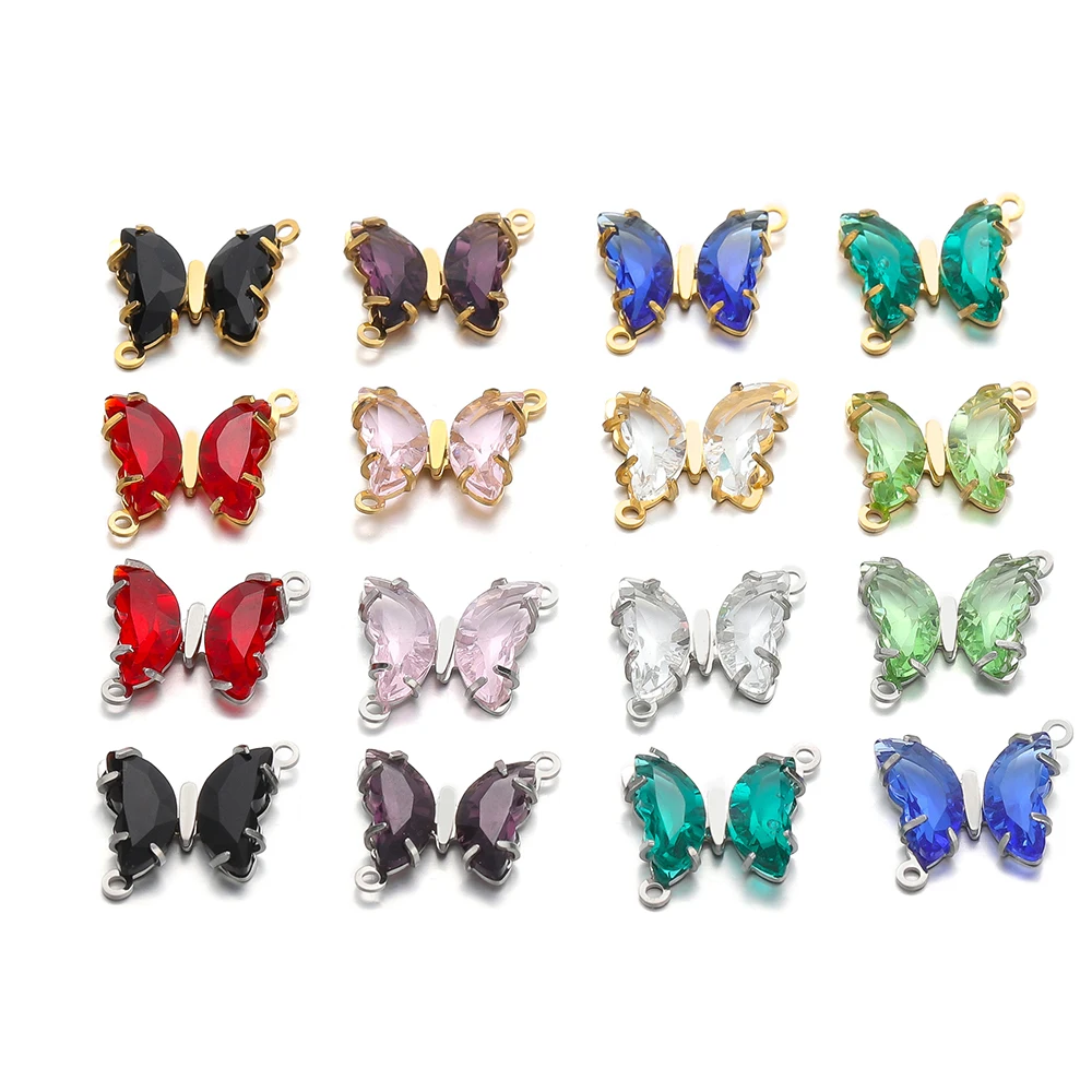 Connecteurs de breloques papillon en verre exquis, acier inoxydable, résultats de bijoux de bricolage, boucles d'oreilles, collier exécutif, bracelet, 5 pièces