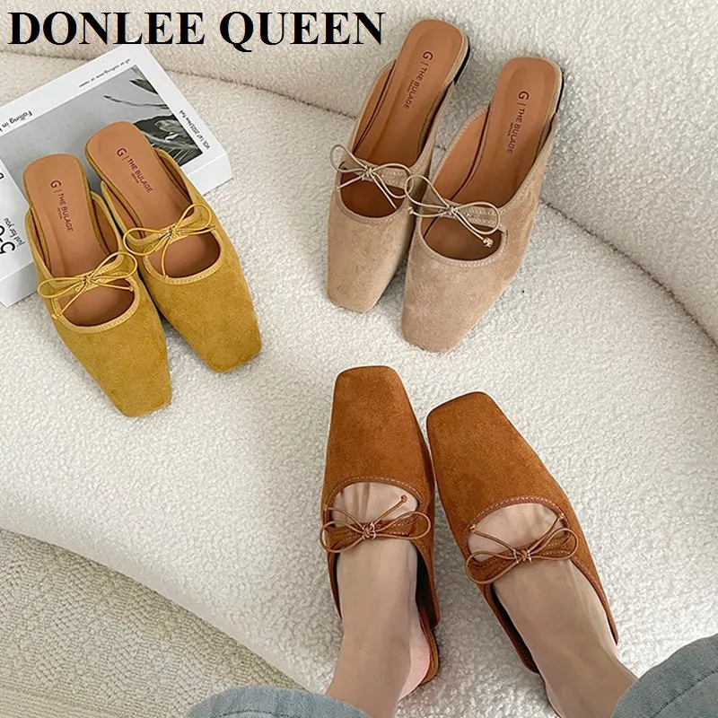 

Fashion Bow Knot Square Toe Slippers Women Casual Flats Mule Shoes Summer Spring Slide Outdoor Flip Flops Sandal Zapatilla Mujer