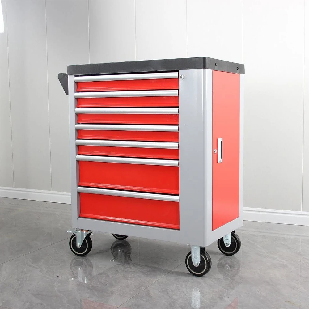 Red And Gray 7 Drawers Metal Drawer Tool Cabinet Trolley With Wheels For Workshop
