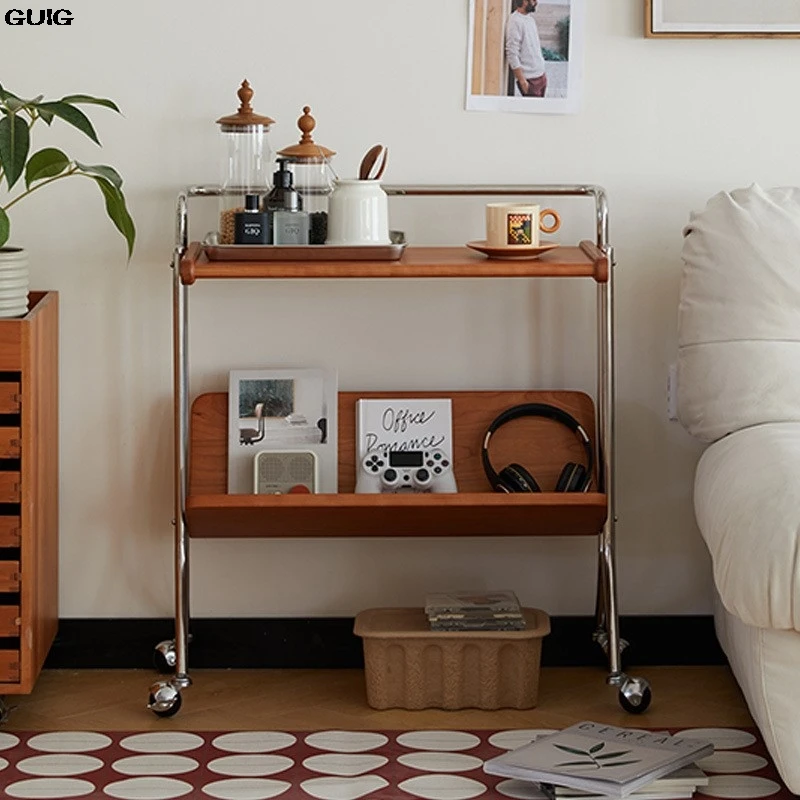

GUIG medieval removable trolley sofa side several living room vintage solid wood coffee table magazine bookshelf Bedside shelf
