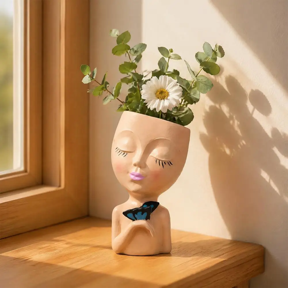 Artistic Portrait Vase Resin Girl Portrait Flowerpot Multifunctional Planter Decorative Makeup Brush Holder Desktop for Home