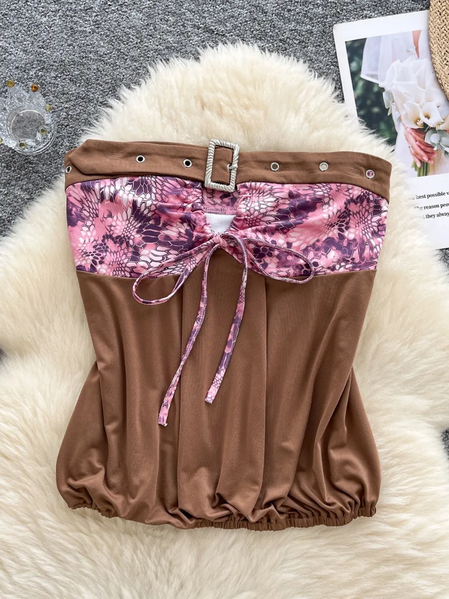 

Foamlina, популярный европейский жилет-бандо для девочек, топ, женский летний топ с завязками в стиле пэчворк, ретро стираная миниатюрная рубашка Pure Desire, рубашка-труба