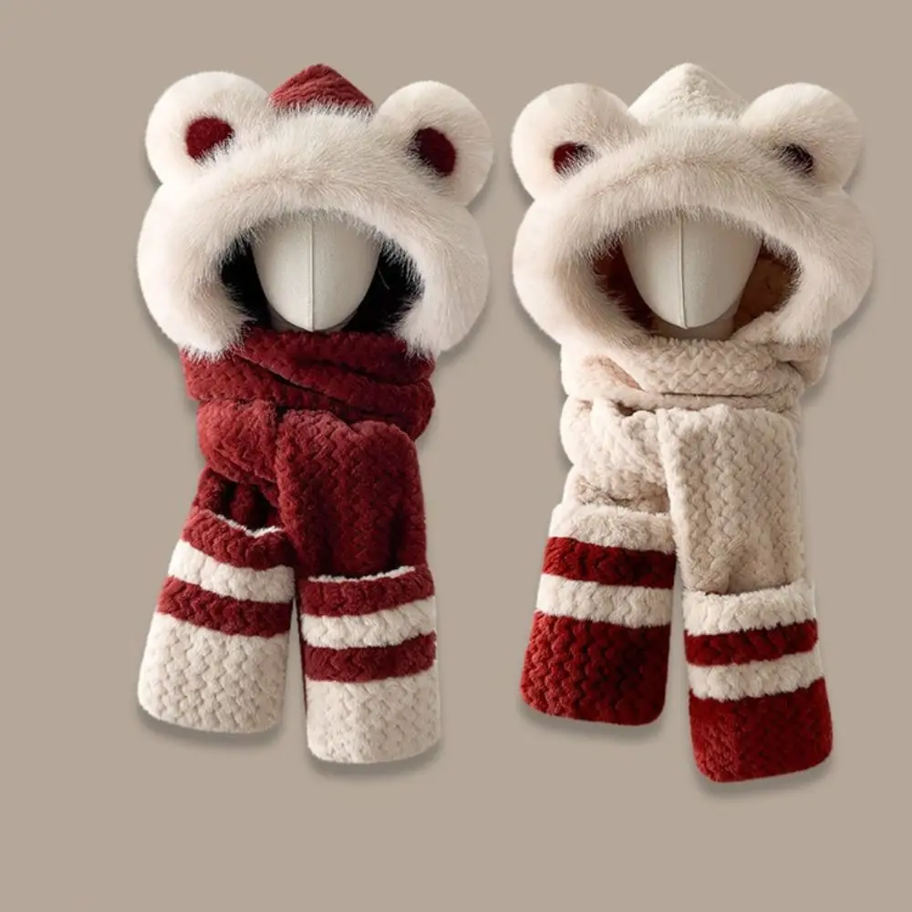 

High-Value Bear Protection Hat Soft Thickened Design Integrated Cap Gloves Scarf Windproof Sweet Ear Protection Hat Women Wear