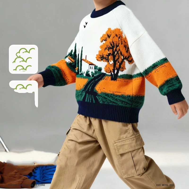

Infant Boys Sweater New Winter Cartoon Jacquard Patchwork Thick Warm Kids Boys Round Neck Pullovers Casual Toddler Boys Knitwear