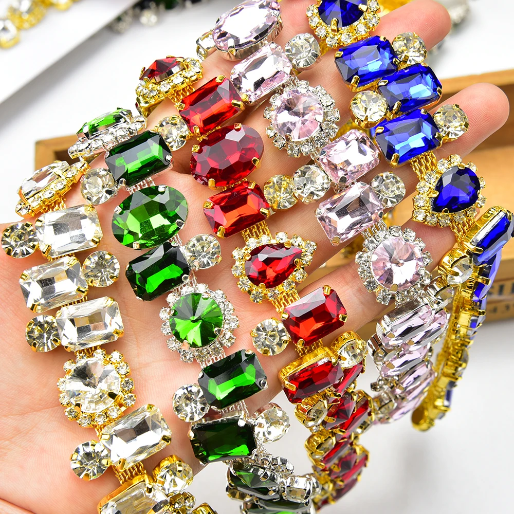 Rhinestone Chain Rectangular Round Oval Water Drop Glass Diamond Trim Colored Crystal Claw Chain For Sewing Craft Diy Decoration