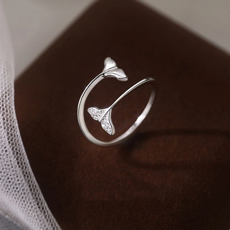 KOFSAC Zircon Mermaid Tail Ring Female Japanese Korean Fashion 925 Silver Jewelry Personality Temperament Fish Tail Open Rings