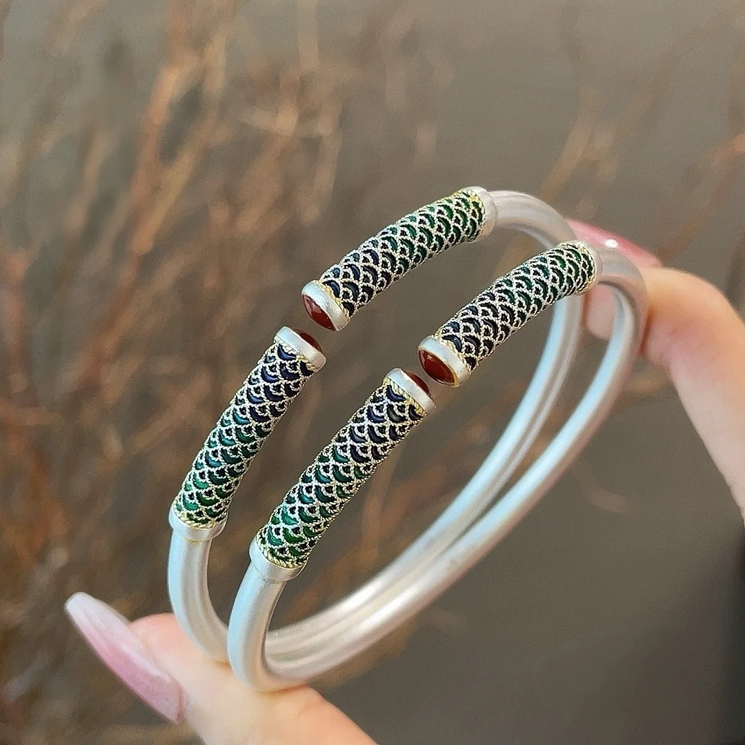 S999 New Chinese-style Silver Engraved Gold Enamel Dragon Fish Scale Solid Mouth Pure Silver Bracelet
