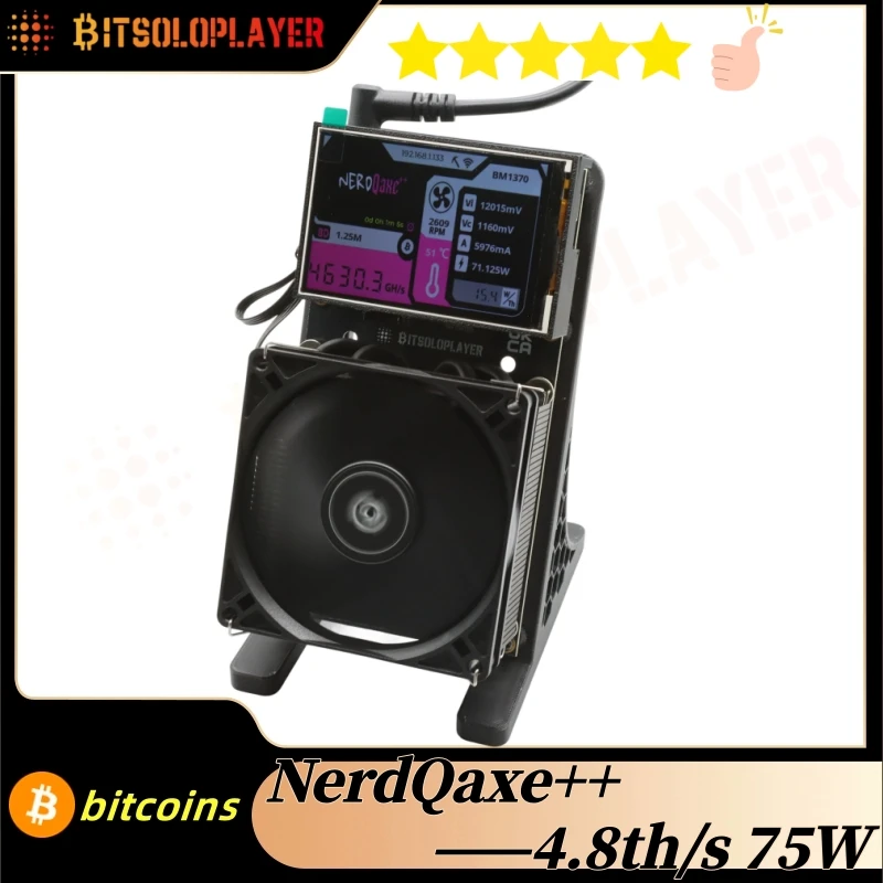 New NerdQaxe++ 3.8inch Display 4.8TH/s 75W BTC Solo Lottery Miner BM1370 chip Sha-256 algorithm and power supply