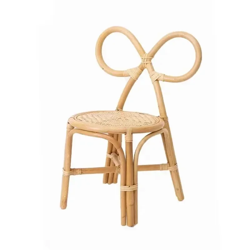 Nordic rattan handmade woven kids chair Metal bow rainbow bunny rabbit simple household solid wood dining chair leisure chair