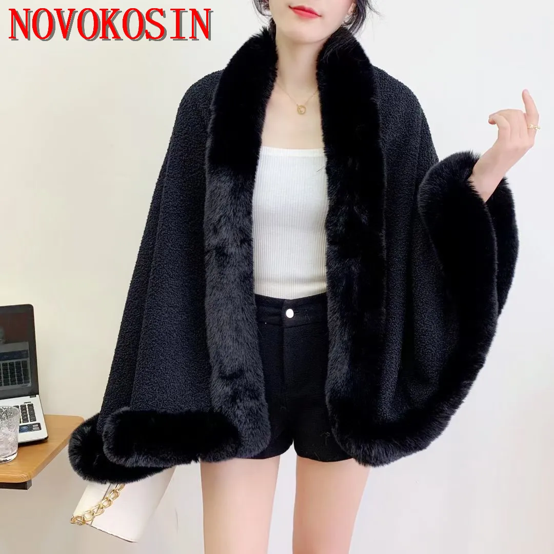 

6 Colors Women Cardigan Shawl Capes Black Granular Velvet Cloak Winter Thick Warm Faux Fur Streetwear Loose Poncho Wrap Overcoat