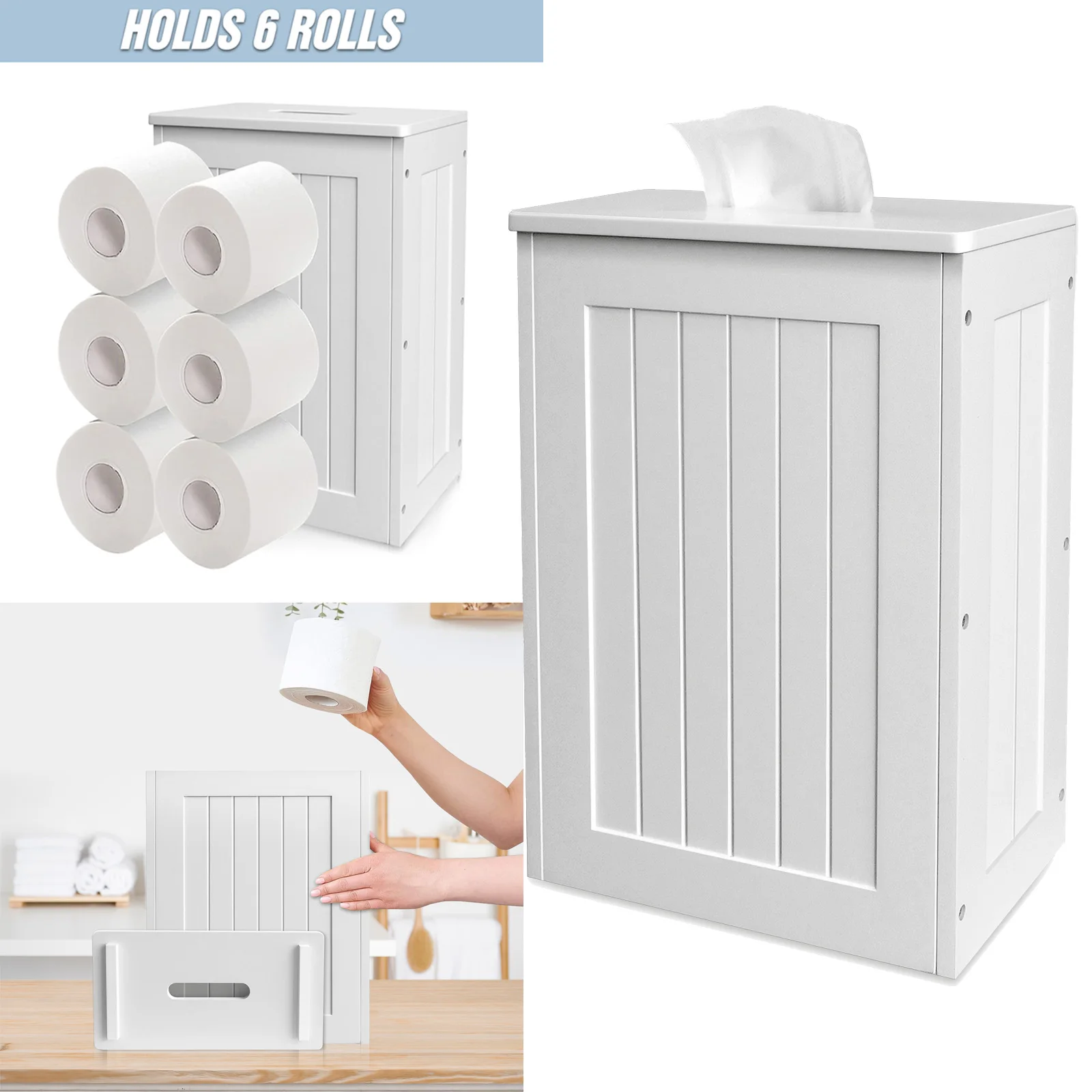 DayPlus Wooden Bathroom Storage Unit, Toilet Roll Paper Cabinet Holder, Compact Shaker, Slimline Multi-Purpose Cleaning Tidy Box