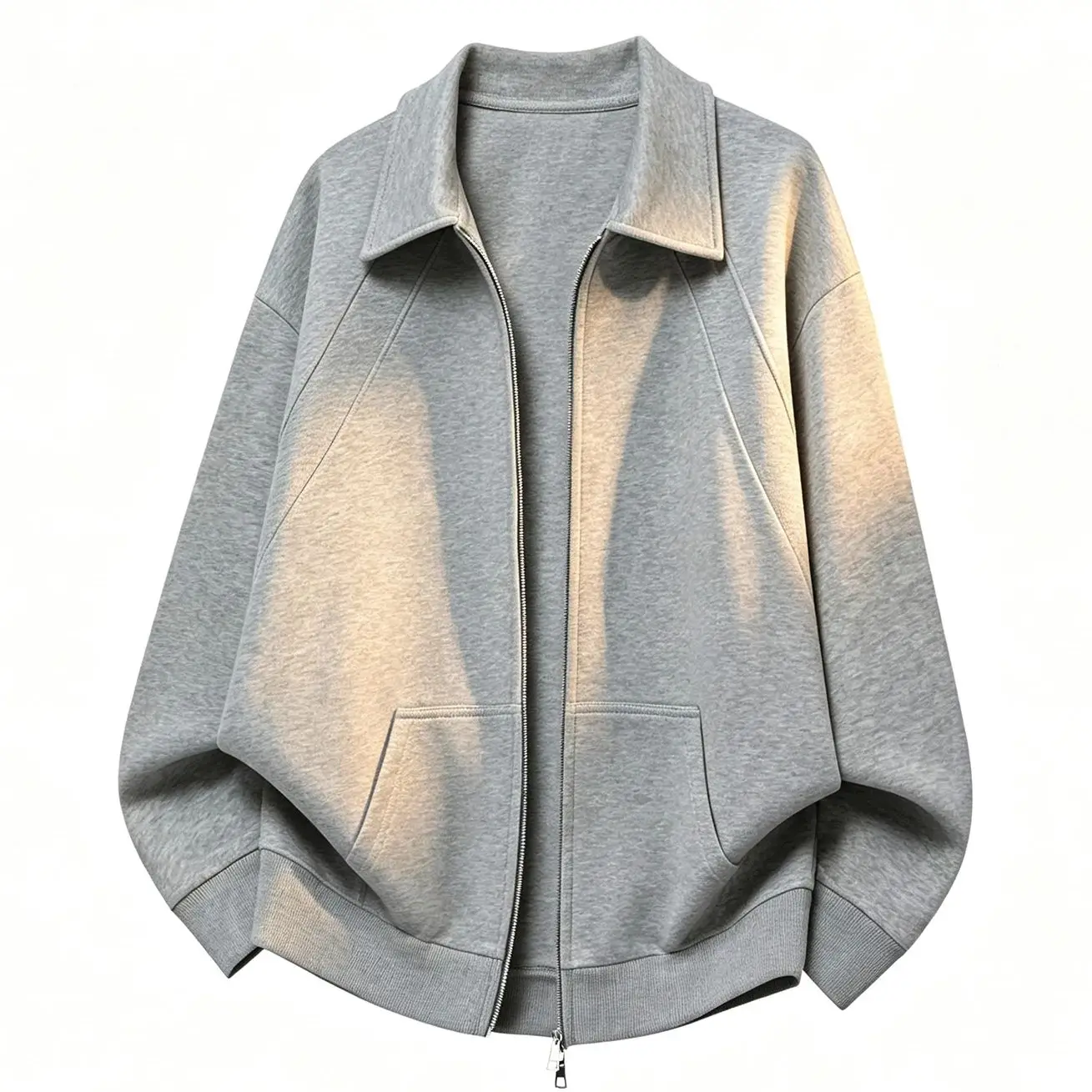 Men's Casual Double Head Zipper Sweatshirt Solid Color Turn-down Collar Loose Fit Autumn 360gsm Comfortable Sweatshirt