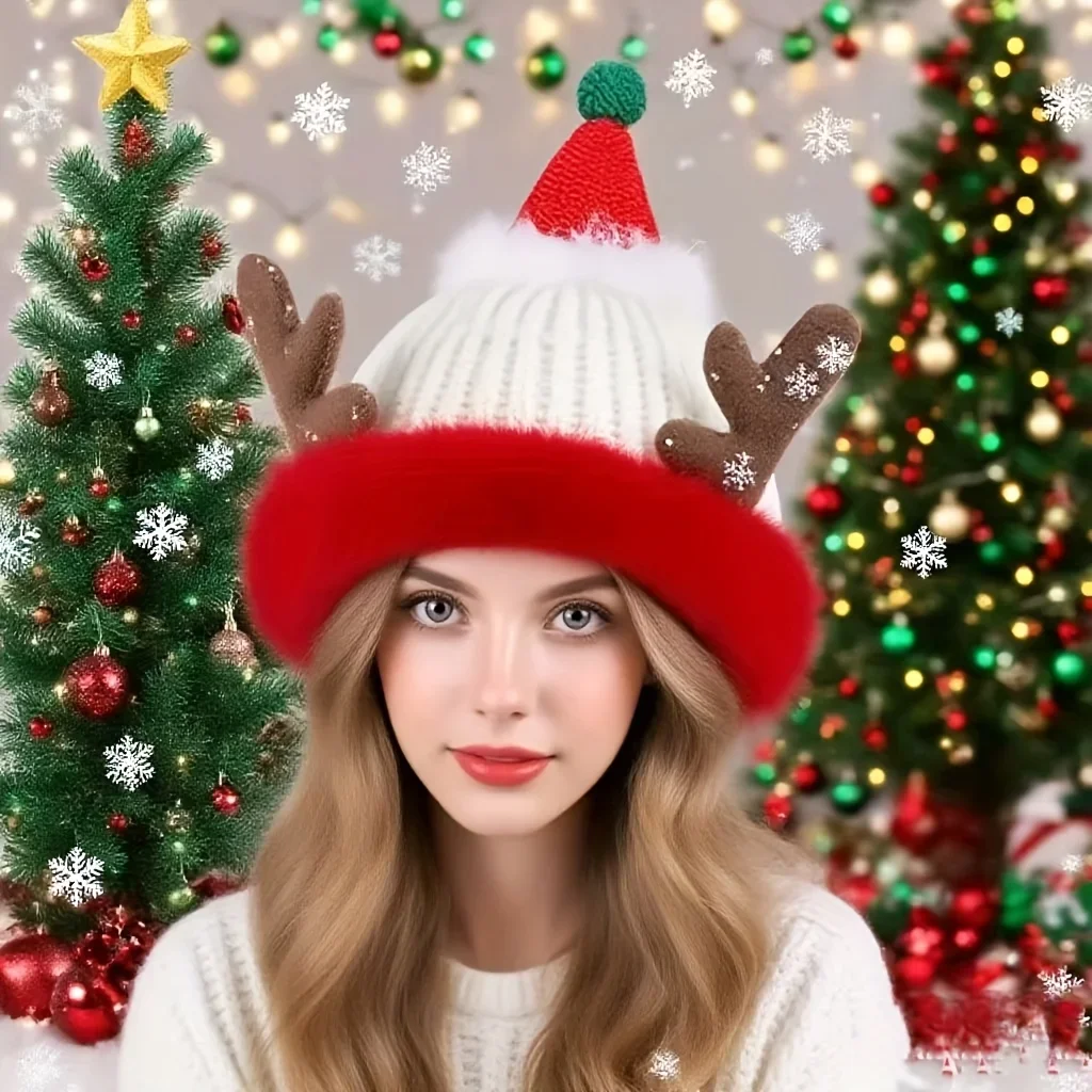 

2 pieces of reindeer antlers women's Christmas hats-green and red plush winter urinals, thick and warm and elastic fit.