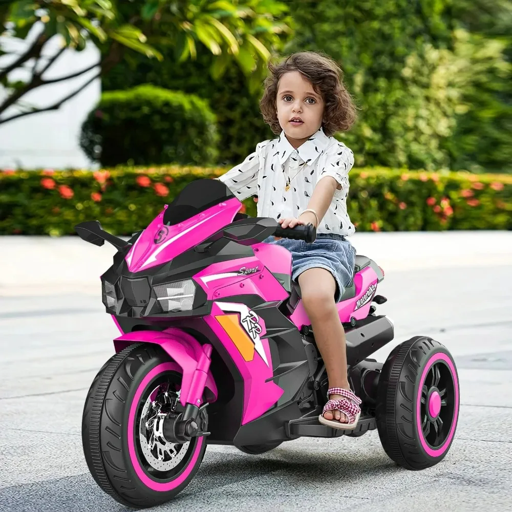 

Pink Motorcycle for Girls, 12V Powered Ride on Motorcycle for Kids 2-6, Child Electric Dirt Bike with 3 Wheels, Bluetooth Music