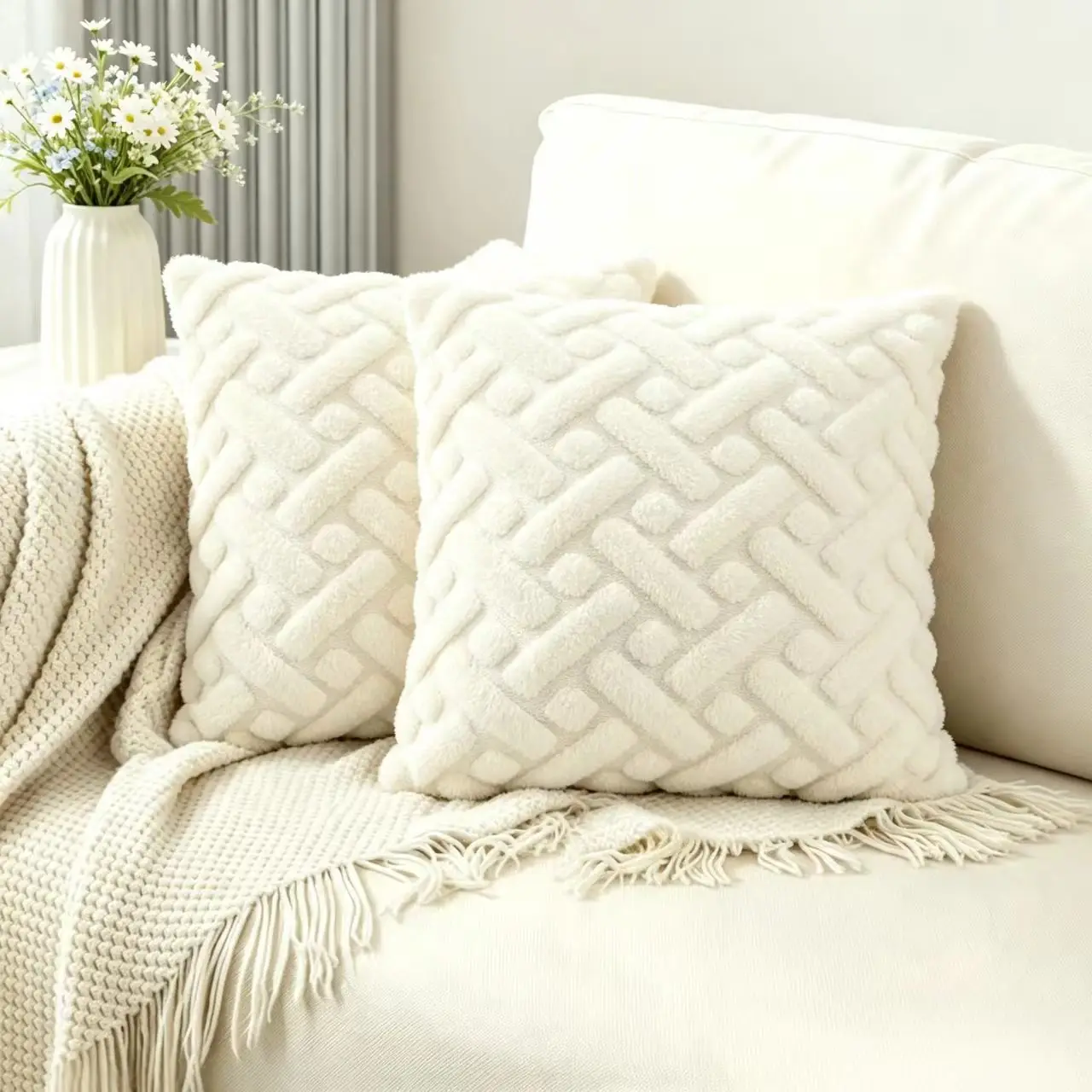 2Pcs 17×17inch Embossed Woven Pattern Fuzzy Plush Pillow Covers,Textured Square Decorative Cushion Pillowcases For Living Room