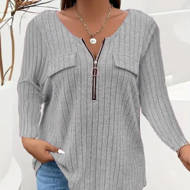 Damen Casual Elegantes Einfarbiges Langarm-Pullover-T-Shirt mit Reißverschluss Locker Sitzend Herbst-Winter-Kleidung – Detail 2