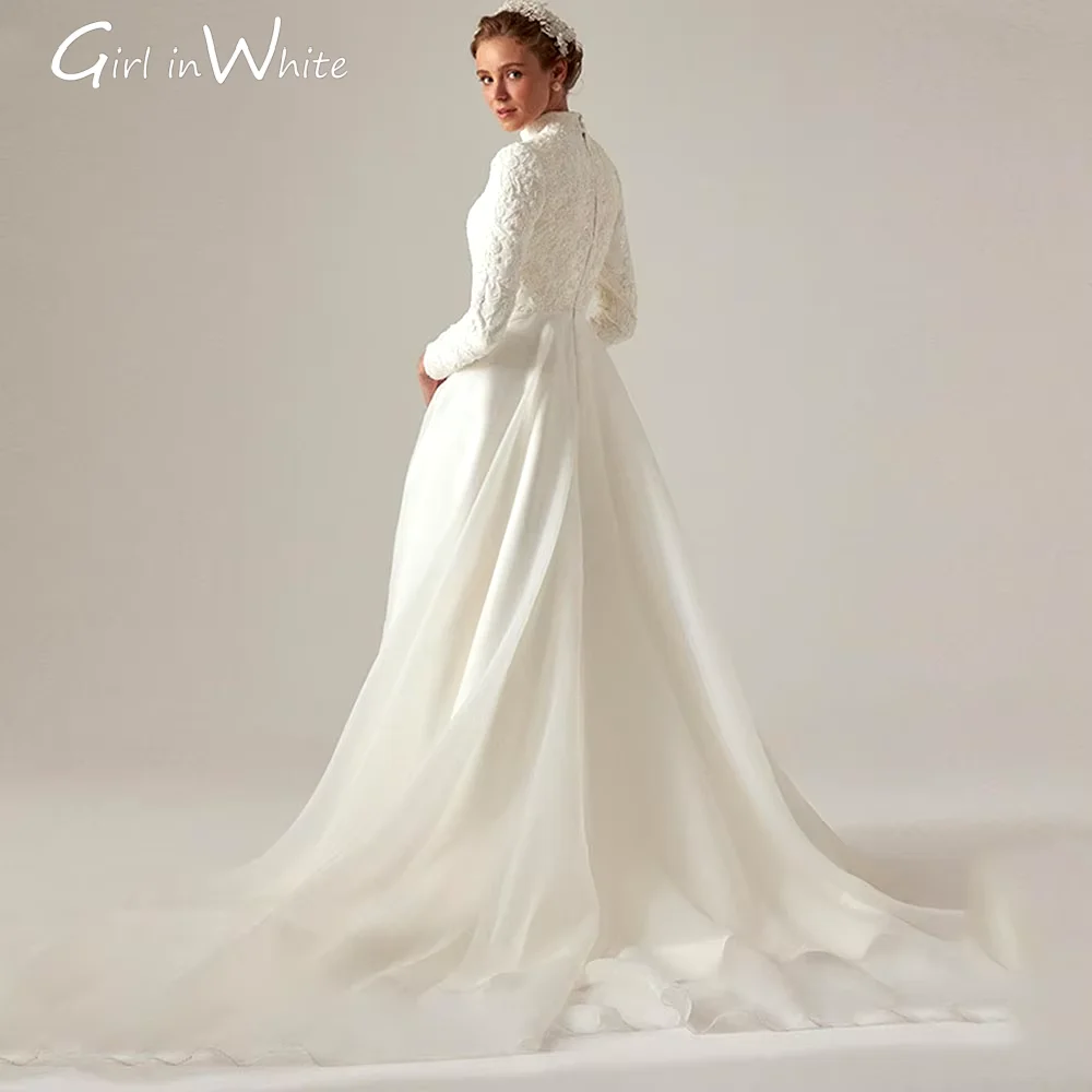 Robe de mariée trapèze musulmane exquise, col haut, ivoire, avec des appliques, manches longues plissées, personnalisée, 2025