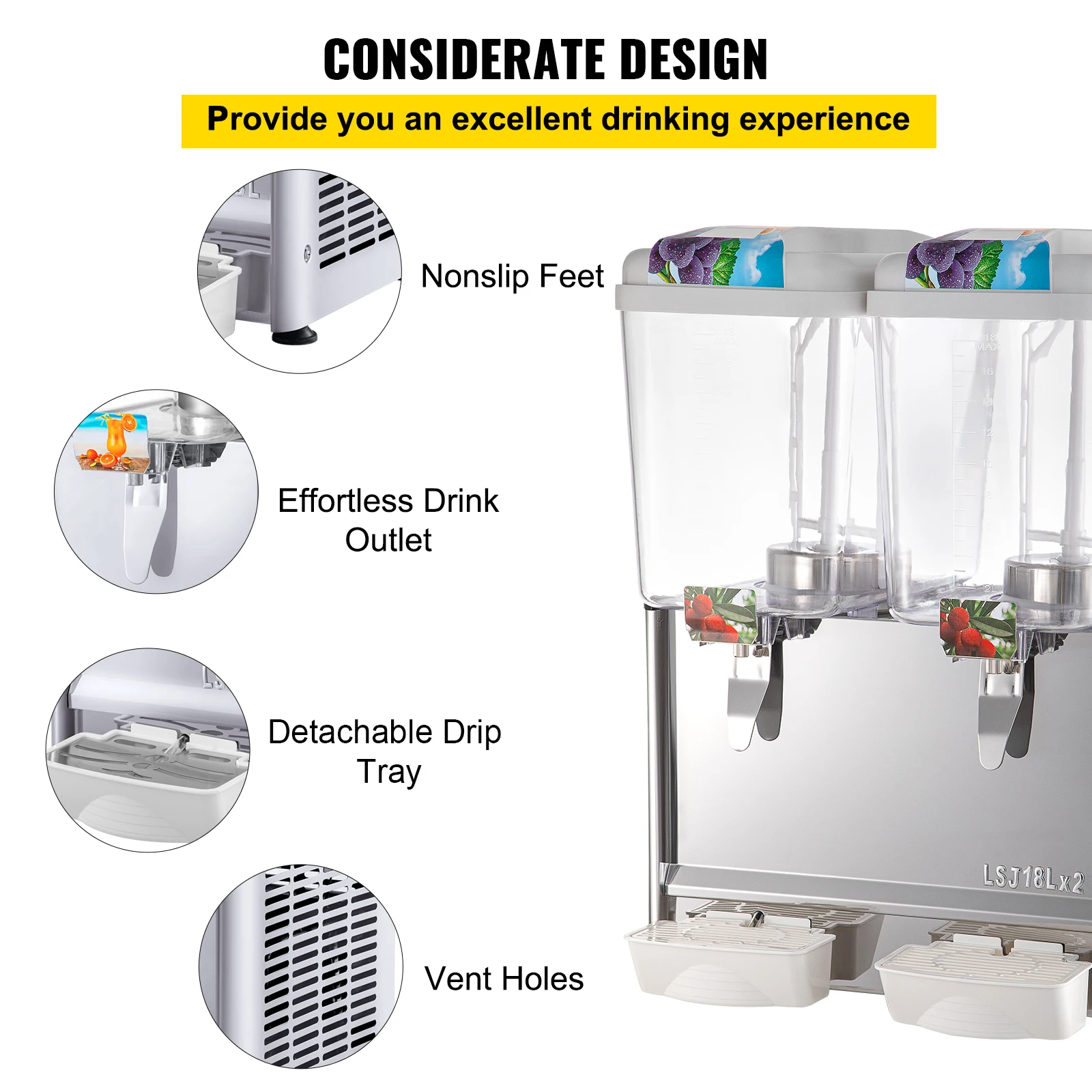 VEVOR Máquina de Dispensador de Bebida 36 L, Máquina de Bebidas Frío con Tanques 18 L * 2, Máquina de Dispensador de Jugo 300 W, Máquina de Bebidas Frías de Acero Inoxidable Temperatura 7-12℃