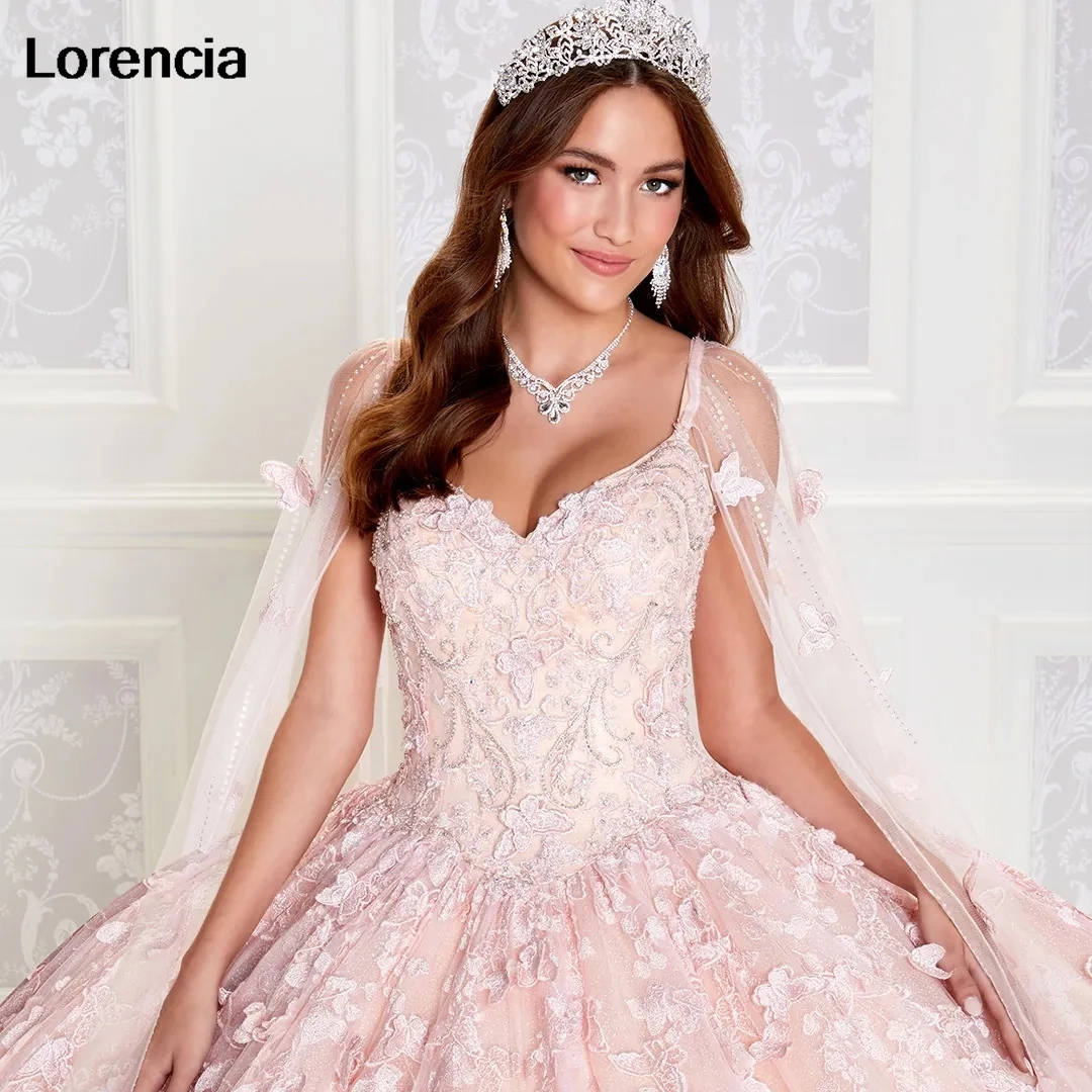 Lorencia Mint Green Quinceanera Dress Ball Gown Lace Applique Butterfly Beaded With Cape Sweet 16 Vestidos De 15 Años YQD783