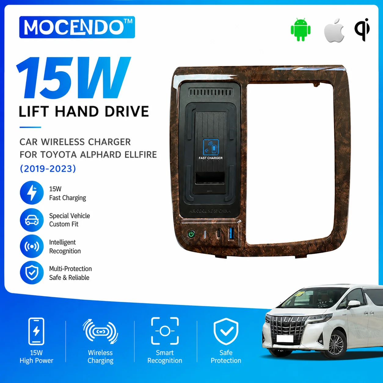 For Toyota Alphard 2018-2023 Vellfire 2019-2021 Wireless Phone Charger fast Charging Car Charger Compatible with Xiaomi iPhone