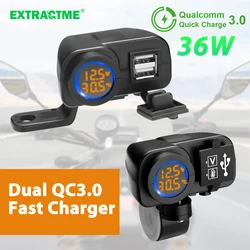 Extractme 36W Dual QC3.0 Motorcycle USB Charger Fast Charging Voltmeter Thermometer Digital Display Mobile Phone Charger Socket