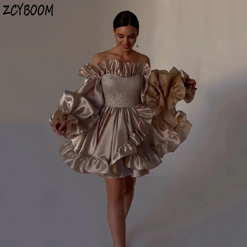

Charming Flounce Boat Neck Off The Shoulder Shiny Long Sleeves Evening Dress 2025 A-Line Knee Length Cocktail Prom Dress