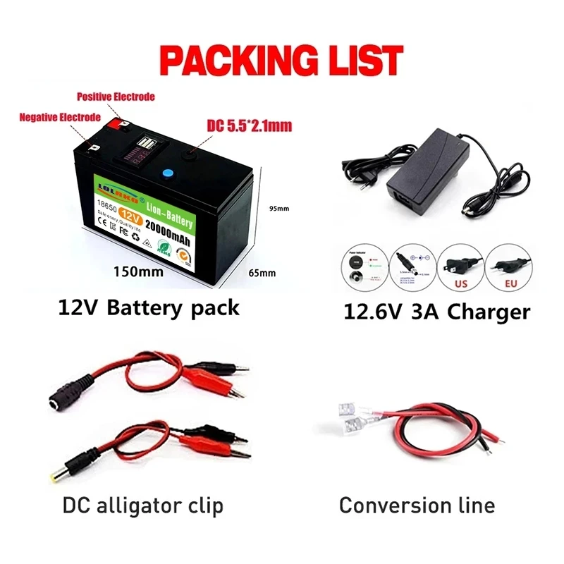 12V Battery 20Ah 18650 lithium battery pack Rechargeable battery for solar energy electric vehicle battery+12.6v3A charger