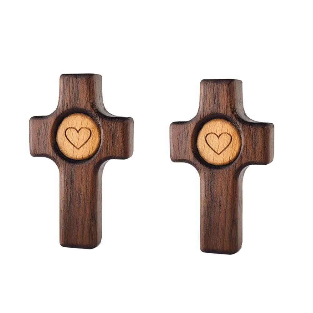 2 Piece Black Walnut Easter Pocket Cross Heart Pattern Mini Pocket Stress Fidget Cross Comfort Holding Thumb Cross Christian