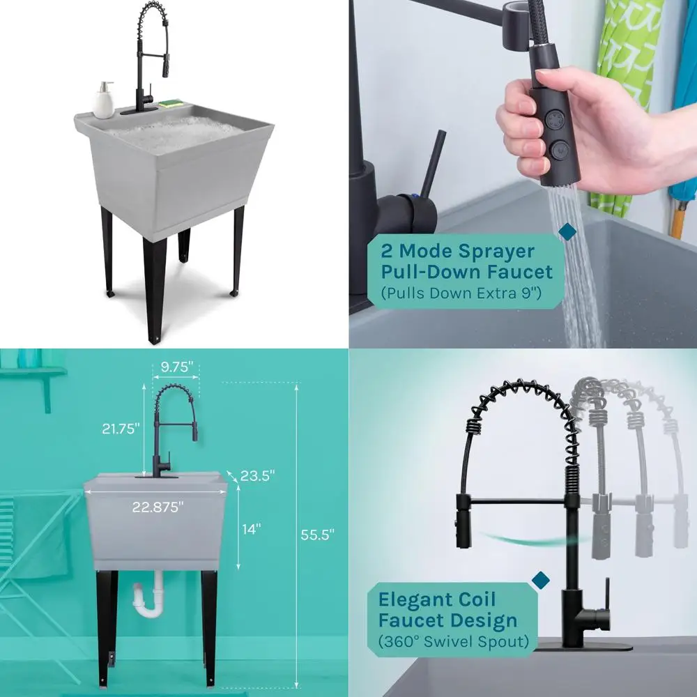 

Extra-Deep Grey Laundry Tub with Matte Black High-Arc Sprayer Faucet, Integrated Supply Lines for Efficient Laundry