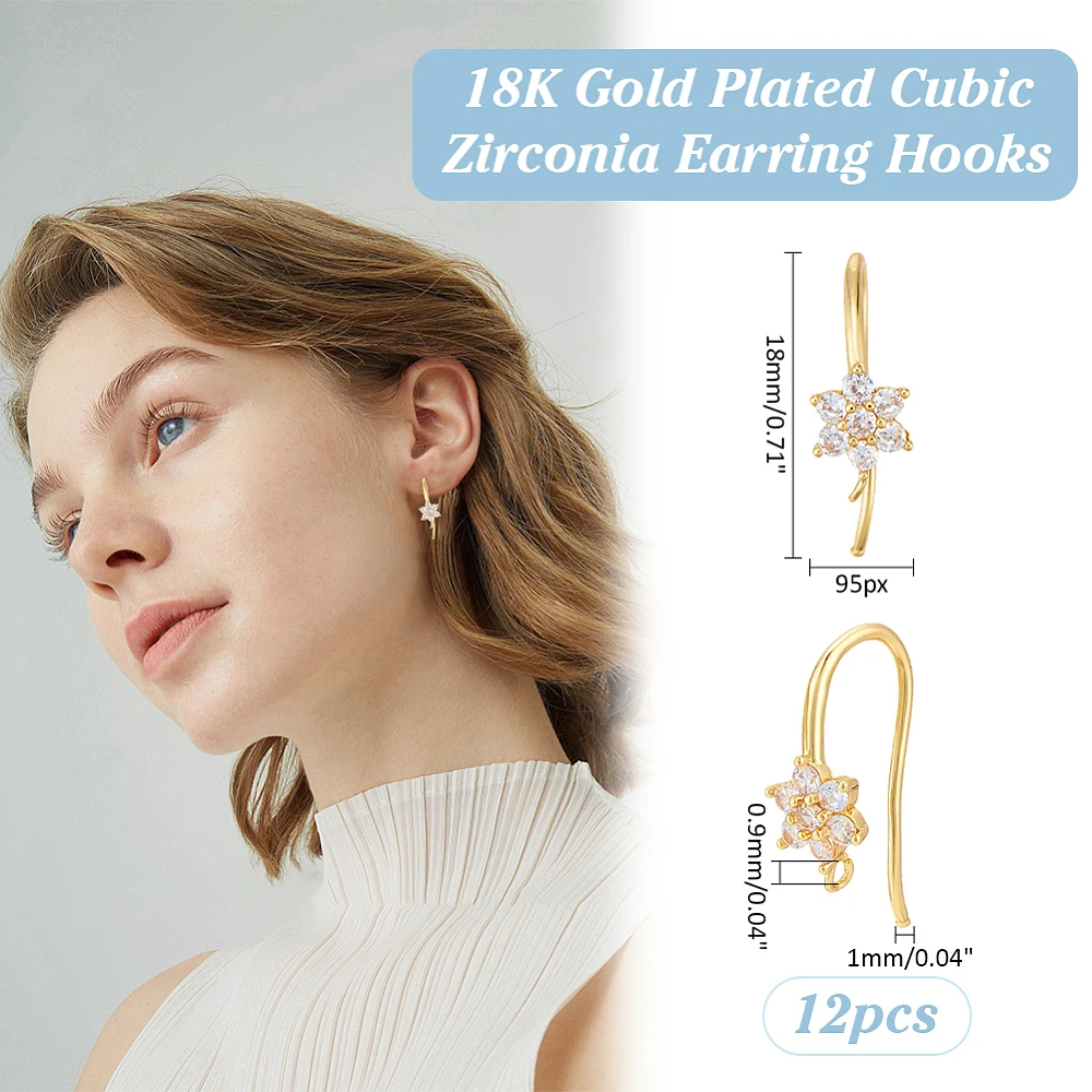 12Pcs 18K Gold Plated Earring Hooks Brass Micro Pave Clear Cubic Zirconia French Earring Hook Flower Shape Ear Wires with Dangle