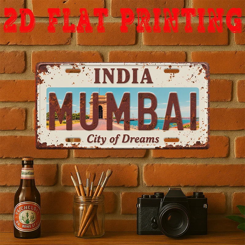2D Flat, 2D Flat Printing, 1pc, Vintage Metal Tin Sign, Decorative Sign, Mumbai City Sign, Gateway of India Wall Art, City of Dr