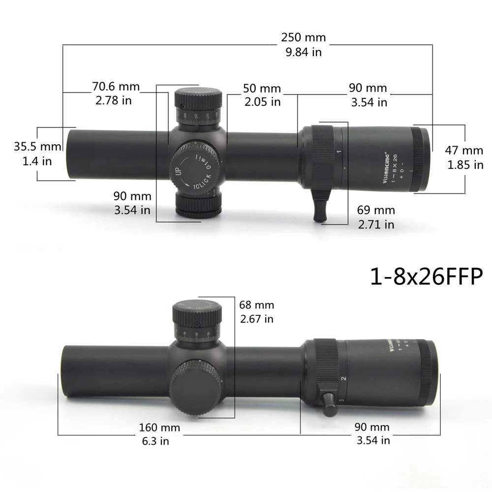 Visionking Optics 35mm Scope 1-8x26 First Focal Plane Riflescope 1/10 MIL 0.1 MRAD Adjust Reticle Bezel Red Illuminated Hunting