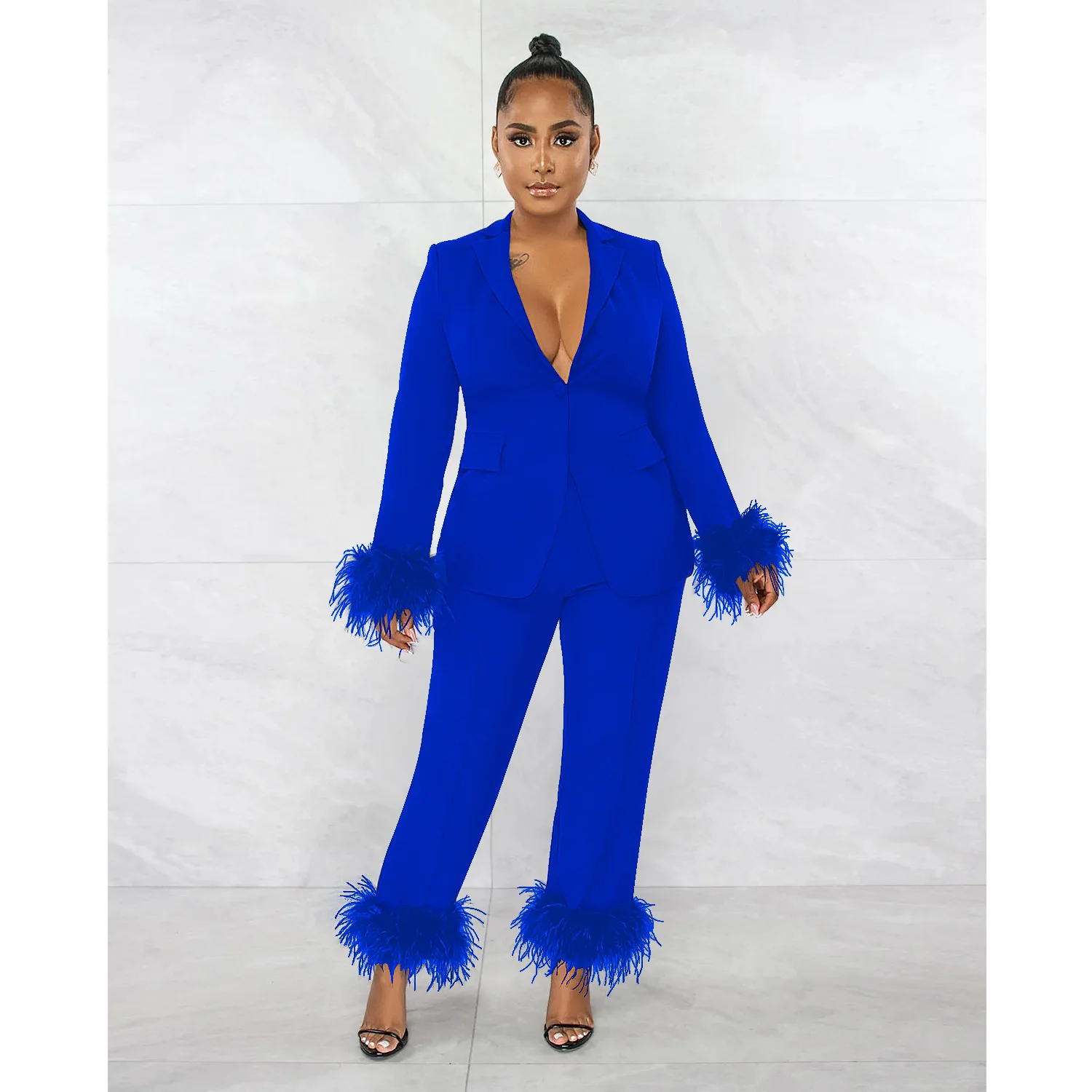 Vanhao New Arrivals Fall Outfits Vrouwen Veren Lange Mouw V Hals Effen Blazer Set Formele Pak Voor Vrouwen Groothandel Dropshipping