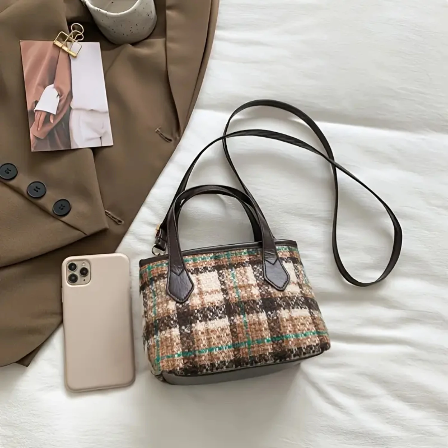 Elegant Women's Plaid Pattern Casual Square Bag with Double Handle and Zipper, Stylish Shoulder Purse for Everyday Use