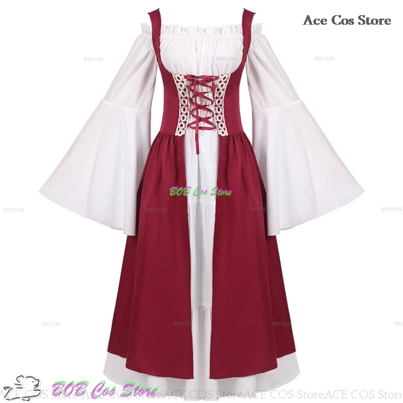 Retro Vintage Medieval Punk Dress Cosplay Halloween Costume Girls Palace Carnival Party Disguise Princess Country Women Red Gown