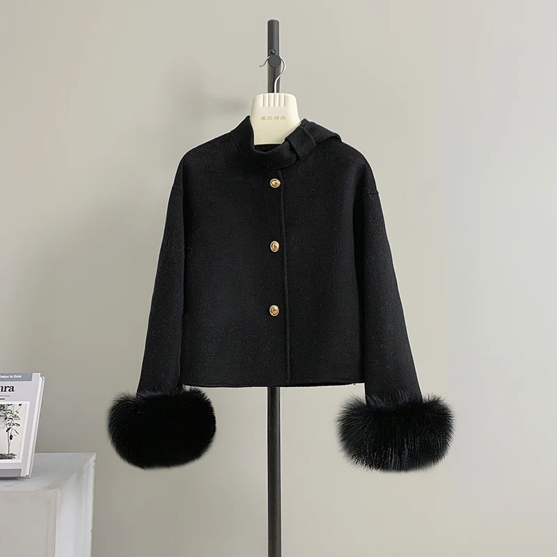 2024 New Winter Wool Coat Ladies Real Natural Fox Fur Cuff Outwear Female Coat Cashmere Wool Woolen Women Luxury Jacket